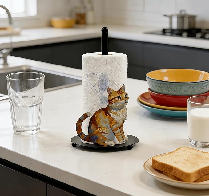 Cat Paper Towel Holder Countertop, Freestanding Paper Roll Holder, Easy One-Handed Tear Kitchen Paper Towel Stand with Weighted Base, Cute Animal Home Decor for Kitchen and Bathroom Countertop(1 Pack)