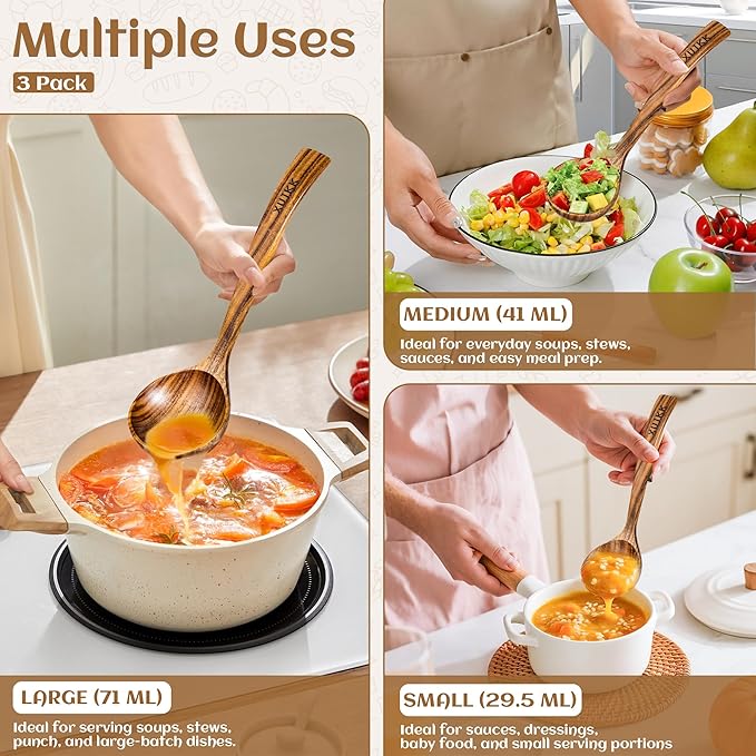 Wooden Ladle for Soup, Set of 3 Natural Teak Wood Ladle with Back Hooks, Wooden Soup Ladle for Cooking, Serving and Stirring | Comfortable Grip, Heat-Resistant &Non-Stick Teak Wooden Utensil Set - Image 5