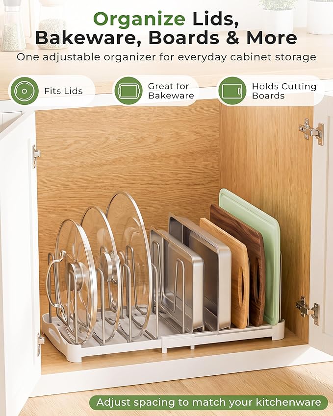 EVERIE Adjustable Bakeware Organizer Pot Lid Holder Rack for Pots, Cake Molds, Cutting Boards, Mats, Cookware, GS02SS, 7.7'' Deep by 12.6'' to 21.5'' Wide - Image 2