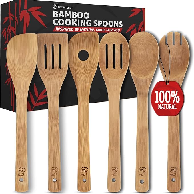 PriorityChef Wooden Spoons for Cooking, 6Pc Non Scratch Bamboo Cooking Utensils, Non-Toxic Wooden Utensil Set, Easy to Clean Kitchen Utensils Set for Everyday Use on All Cookware Types by PriorityChef