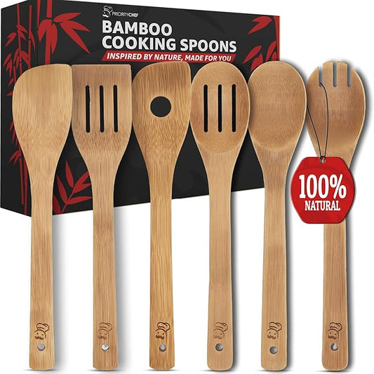 PriorityChef Wooden Spoons for Cooking, 6Pc Non Scratch Bamboo Cooking Utensils, Non-Toxic Wooden Utensil Set, Easy to Clean Kitchen Utensils Set for Everyday Use on All Cookware Types by PriorityChef