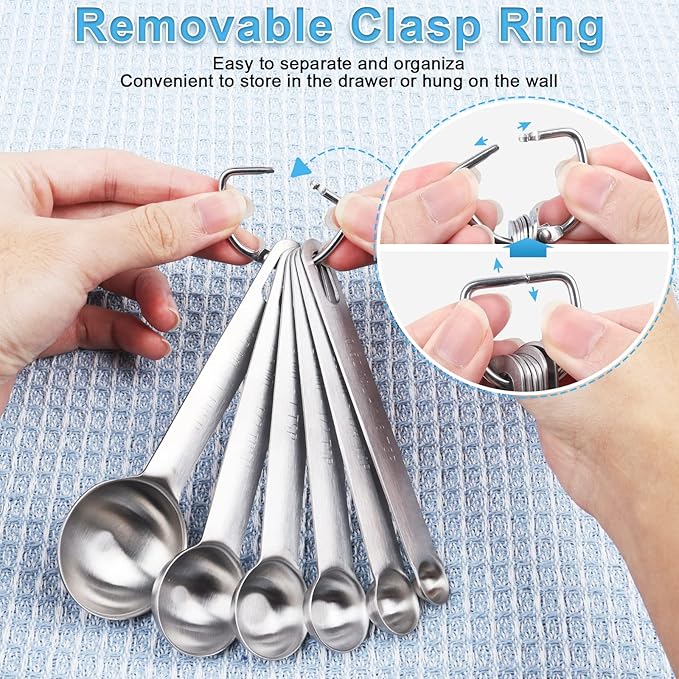 Upgrade Stainless Steel Measuring Spoons Set, Small Tablespoon, Teaspoons, Set 6 with Bonus Leveler, Etched Markings and Removable Clasp for Dry and Liquid, Fits in Spice Jars - Image 4