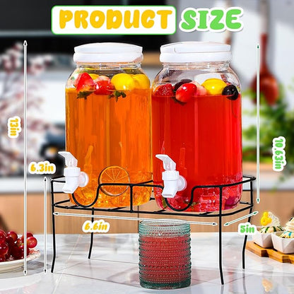 Tanlade 2 Pcs Plastic Drink Dispenser with Stand Beverage Dispenser with Sturdy Metal Base Juice Dispensers for Parties Lemonade Jar with Spigot for Weddings Countertop Water Tea, Each 1 Gallon