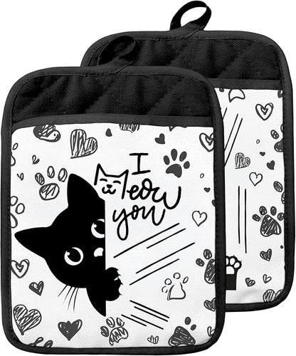 Funny Black Cat Pot Holders with Pockets, Cat Kitchen Decor, Cute Black Kitty Kitten Paw Oven Pot Holders Heat Resistant Oven Mitts Hot Pads for Kitchen Baking Cooking, Set of 2