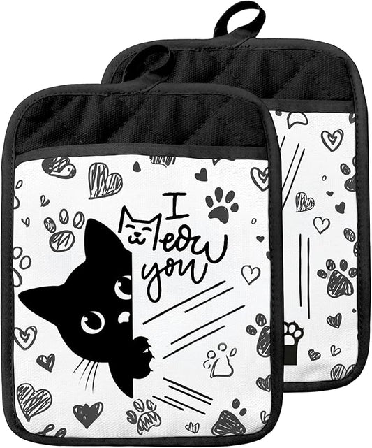 Funny Black Cat Pot Holders with Pockets, Cat Kitchen Decor, Cute Black Kitty Kitten Paw Oven Pot Holders Heat Resistant Oven Mitts Hot Pads for Kitchen Baking Cooking, Set of 2