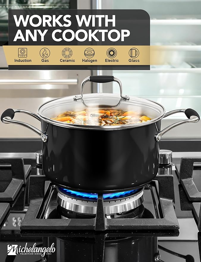 MICHELANGELO Stainless Steel Cooking Pot - 6 Quart Soup Pot with Lid, Non-Toxic Stockpot Induction Compatible, Oven & Dishwasher Safe, Black Exterior - Image 4