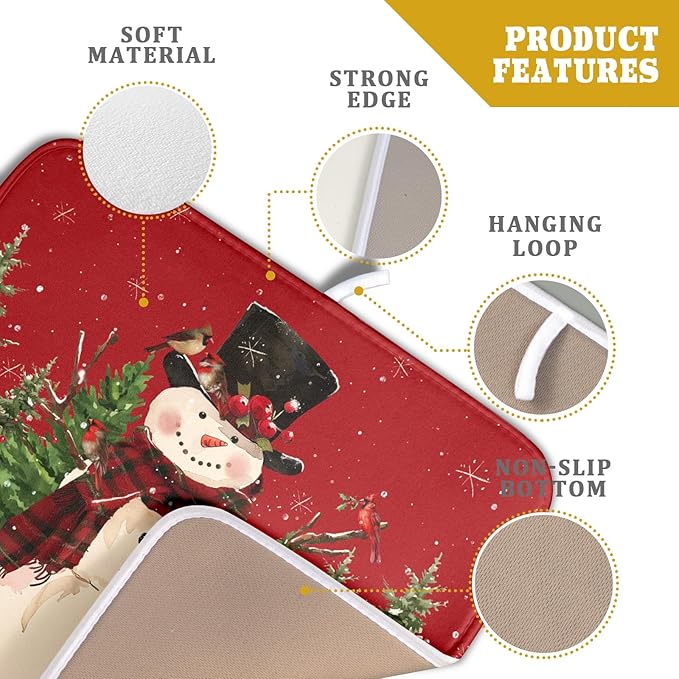 Christmas Snowman Dish Drying Mat for Kitchen Counter 16x18 Inch Watercolor Xmas Tree Bird Print Absorbent Reversible Microfiber Drying Mats Kitchen Countertop Protector Dishes Drainer Rack Pad - Image 4