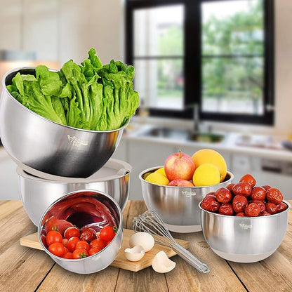 Wildone Mixing Bowls with Airtight Lids Set, 5PCS Stainless Steel Khaki Nesting Bowls for Kitchen, with Grater Attachments & Non-Slip Bottoms, Size 5, 3, 2, 1.5, 0.63 QT, Great for Mixing & Serving - Image 6