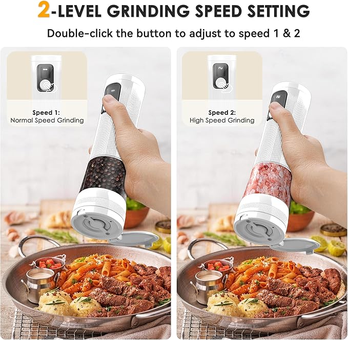 Electric Salt and Pepper Grinder Set, Upgrade 2-Speed Setting, External 5 Adjustable Coarseness, Rechargeable Automatic Salt & Pepper Shakers Mill with Battery Display, Storage Base & Led Light, White - Image 4