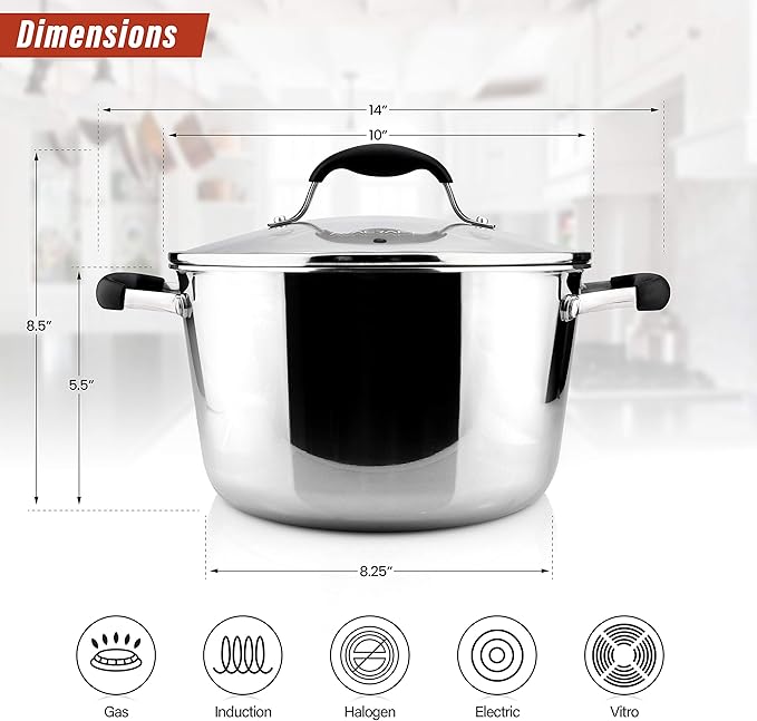 AVACRAFT 18/10 Tri-Ply Stainless Steel 5 Quart Dutch Oven Pot with Shatterproof Glass Lid, Compatible with All Cooktops, Gas, Electric & Induction, Multipurpose, Stockpot, Casserole, Dishwasher Safe
