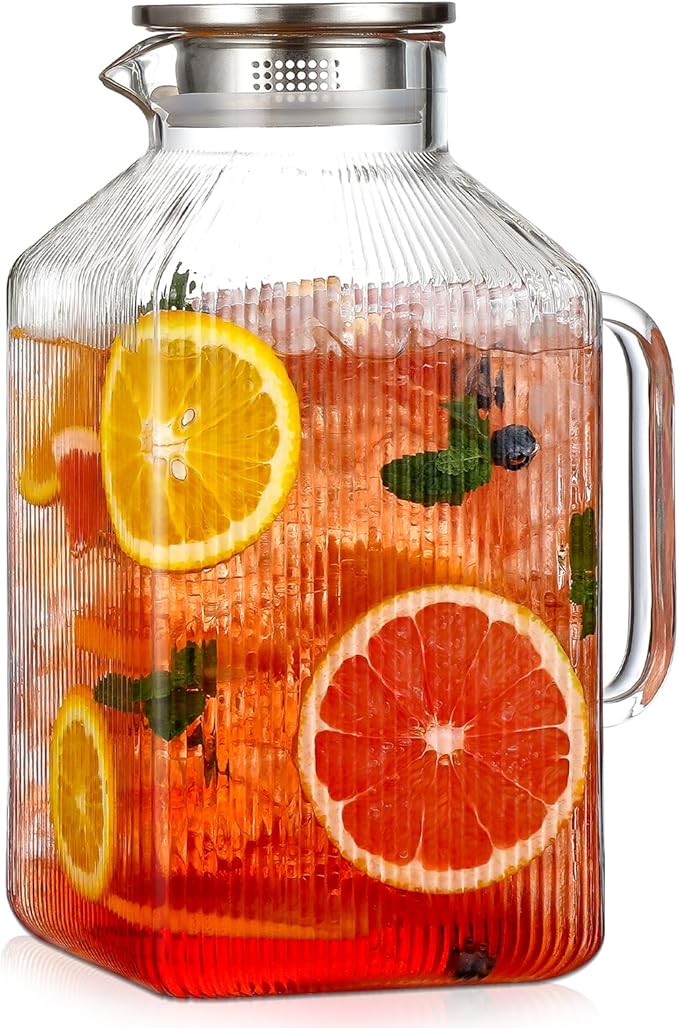 1 Gallon thickened Square Glass Pitcher with Lid, Classic Stripes Water Pitchers for Fridge, Borosilicate Glass Carafe for Hot/Cold Brew Drink, Extra Large Jug with Handle for Iced Tea, Coffee, Juice by Unknown