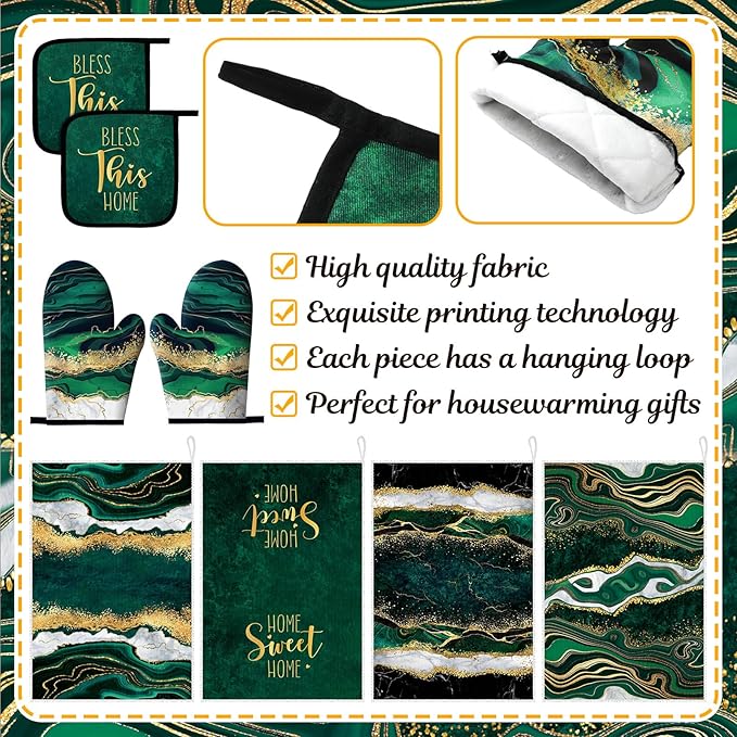 Leinuosen 8 Pcs Kitchen Towels and Dishcloths Sets Oven Mitts and Pot Holders Sets Absorbent Kitchen Gloves Potholders Heat Resistant for Chef Baking Cooking (Green,Marble)