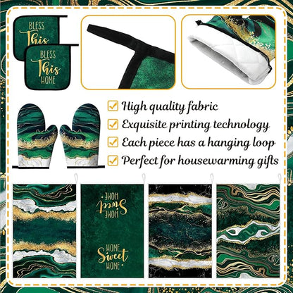 Leinuosen 8 Pcs Kitchen Towels and Dishcloths Sets Oven Mitts and Pot Holders Sets Absorbent Kitchen Gloves Potholders Heat Resistant for Chef Baking Cooking (Green,Marble)