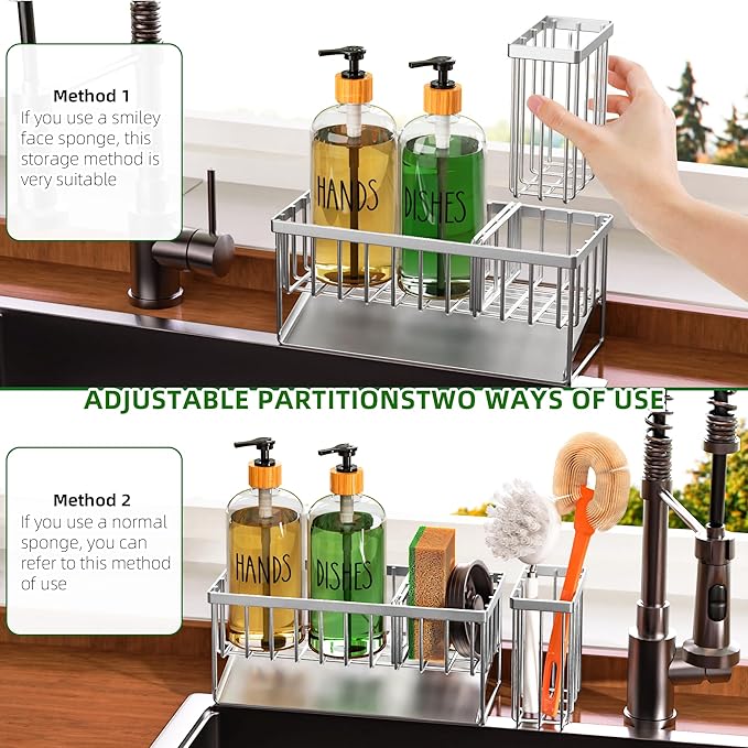Cisily Kitchen Dish Soap Dispenser Set Stainless Steel Sponge Holder and 2 Pack 16.9oz Clear Glass, Dish Soap Dispensers, Vintage Hand and Dish Soap Dispensers Set, Dispensador De Jabon De Cocina - Image 4