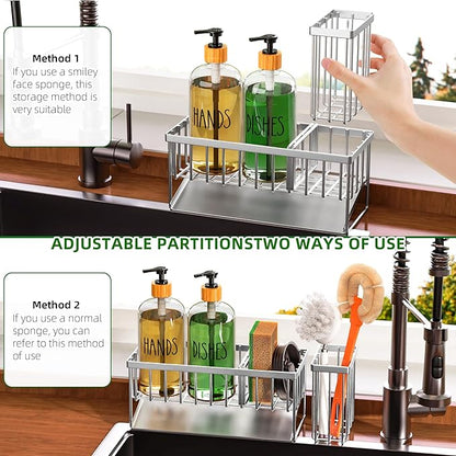 Cisily Kitchen Dish Soap Dispenser Set Stainless Steel Sponge Holder and 2 Pack 16.9oz Clear Glass, Dish Soap Dispensers, Vintage Hand and Dish Soap Dispensers Set, Dispensador De Jabon De Cocina - Image 4