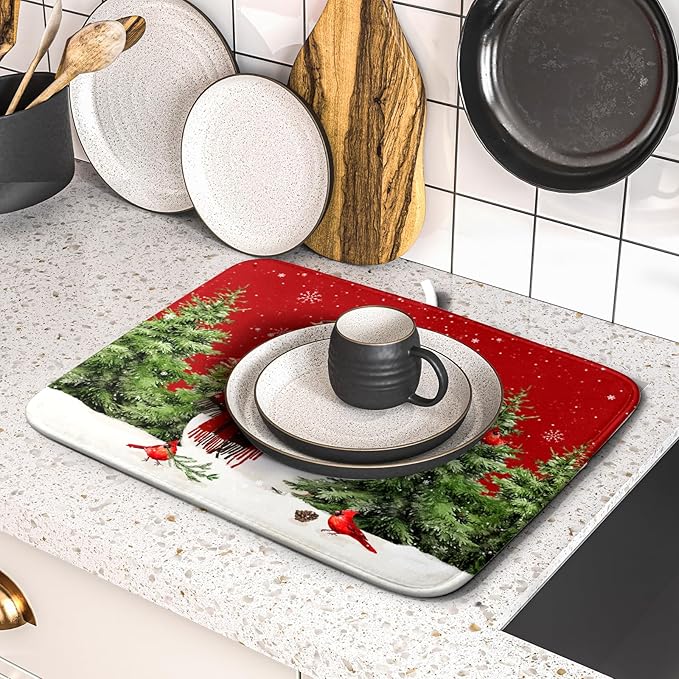 Christmas Dish Drying Mat for Kitchen Counter Snowman Green Christmas Tree Microfiber Absorbent Dish Draining Reusable Washable Foldable 16"x18" - Image 5