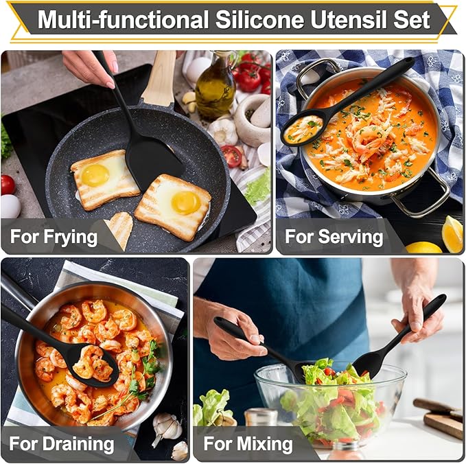 P&P CHEF Kitchen Utensil Set, 4 Pieces Non-stick Silicone Cooking Utensils, Heat-resistant Slotted Solid Spoon Turner for Frying, Mixing, Serving, Non-toxic & Easy to Clean, Black - Image 5