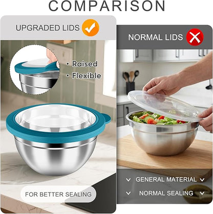 HaWare Mixing Bowls with Airtight Clear Lids, 6-Piece Stainless Steel Strong Nesting Bowls Set, Metal Salad Bowl for Cooking, Prepping, Baking, Serving & Food Storage, Size 4.6, 3, 1.5QT, Teal Blue - Image 4