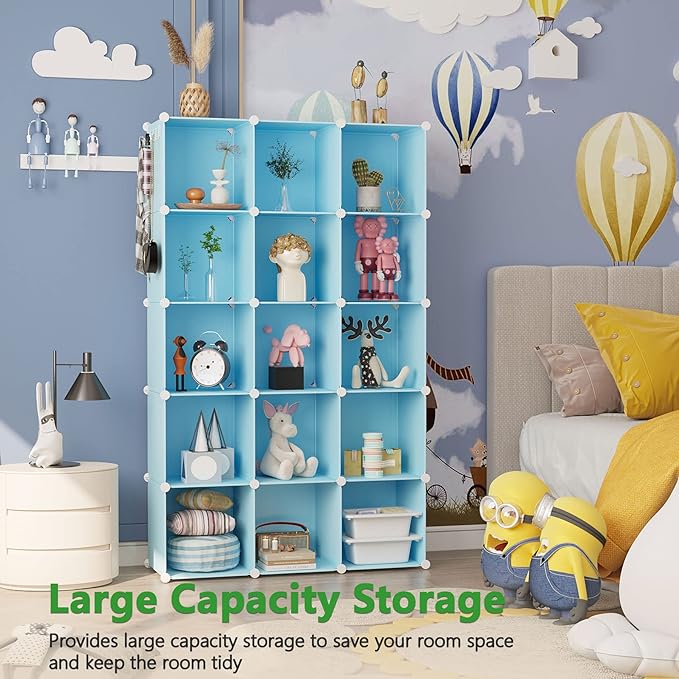 C&AHOME Cube Storage Organizer, 16-Cube Shelves Units, Plastic Storage Cubes, DIY Closet Organizer, Modular Closet Storage Shelves Ideal for Home, Bedroom, 48.4" L × 12.4" W × 48.4" H Blue UPCS16L - Image 4