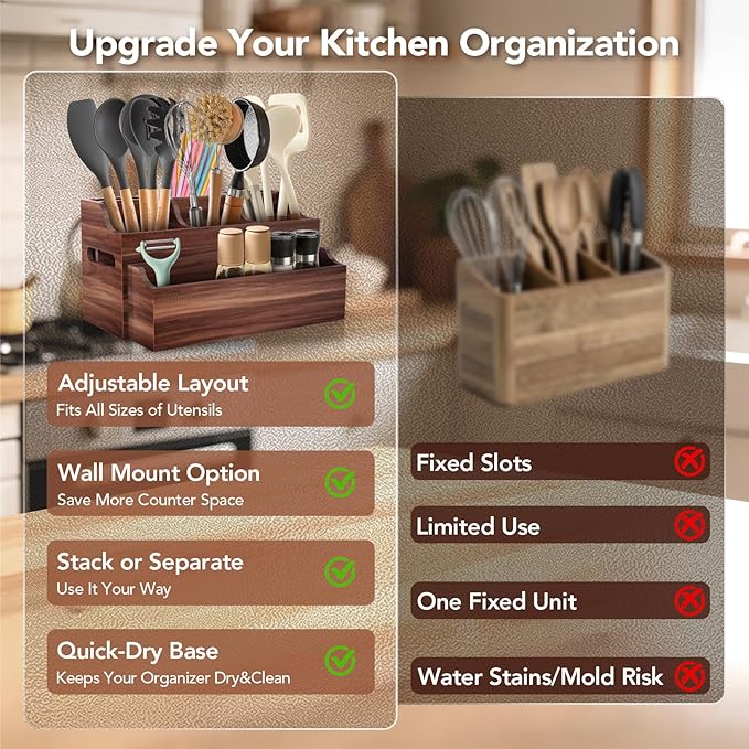 Wooden Kitchen Utensil Holder for Countertop, Large Utensil Organizer with Removeable Dividers, Wall Mount Kitchen Organizer for Cooking Tools & Silverware, with Spoon Rest and Diatomite Base