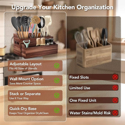 Wooden Kitchen Utensil Holder for Countertop, Large Utensil Organizer with Removeable Dividers, Wall Mount Kitchen Organizer for Cooking Tools & Silverware, with Spoon Rest and Diatomite Base