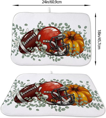 Fall Football Dish Drying Mat 18 x 24 inch Orange Pumpkins Eucalyptus Leaves Decorative Drying Mats Microfiber Absorbent Autumn Thanksgiving Dish Washable Draining Mat for Kitchen Counter