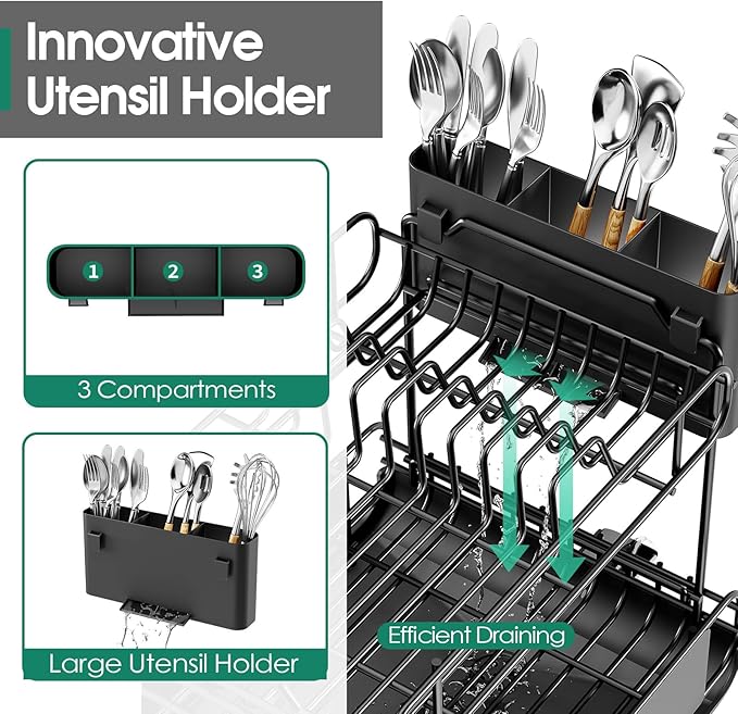 Urackify Dish Drying Rack for Kitchen Counter, Expandable 2 Tier Dish Rack, Large Capacity Dish Drainer with Drainboard Multifunctional Dish Strainer with Removable Cutlery Holder Black - Image 6
