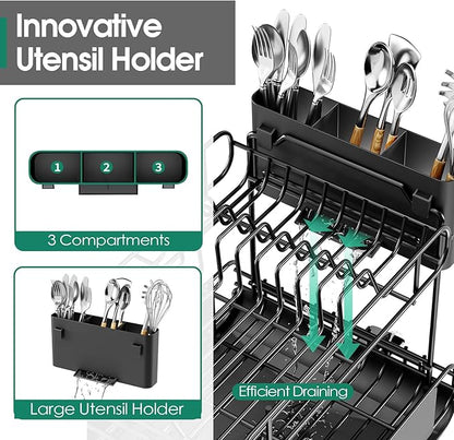 Urackify Dish Drying Rack for Kitchen Counter, Expandable 2 Tier Dish Rack, Large Capacity Dish Drainer with Drainboard Multifunctional Dish Strainer with Removable Cutlery Holder Black - Image 6