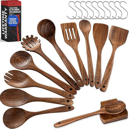 PriorityChef Wooden Spoons for Cooking, Premium 10pc Teak Wood Utensil Set with Hanging Hooks and Spoon Rest by PriorityChef