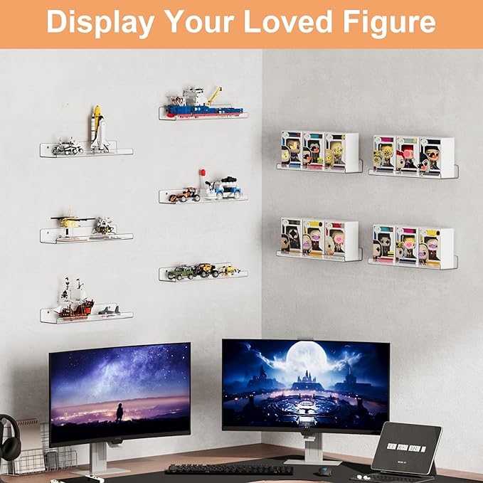 upsimples 8 Pack Acrylic Shelves Wall Organizer and Storage, 15" Display Shelf for Figure, Toy Cars, Perfume, Kids Bookshelf for Bedroom, Nursery, Craft Room, Clear - Image 6