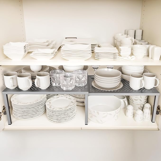 Simple Houseware Expandable Stackable Cabinet and Counter Shelf Organizer with Steel Surface, 9" D x 12.75" W x 5.9" H, Silver - Image 2