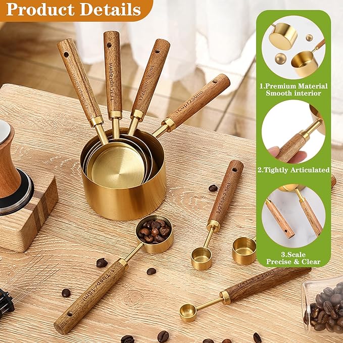 8Pcs Measuring Cups and Spoons Set - Golden Stainless Steel Measuring Cups with Wooden Handle, Metal Measuring Spoons Set Nesting Kitchen Measure Set for Kitchen/Food/Baking (8Pcs Wooden Handle) - Image 3
