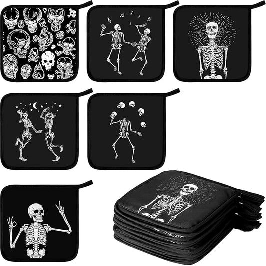 Bencailor 12 Pcs Pot Holders with Pocket Kitchen Hot Potholders Hot Pad Oven Mitts Cookie Bag Oven Gloves for Kitchen Gift Baking Cooking (Black,Skull 2)