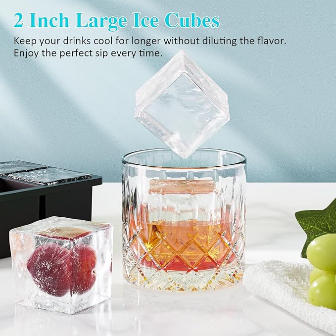 Large Ice Cube Tray for Whiskey: 2inch Big Silicone Ice Trays with Lid for Whisky - 3Pack Old Fashioned Ice Cube Trays for Cocktail - Huge Square Cubed Bourbon Ice Cube Maker - Image 4