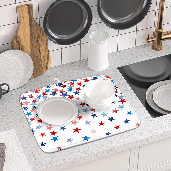 4th of July Dish Drying Mat for Kitchen Counter Patriotic Holiday Microfiber Absorbent Dish Draining Reusable Washable Foldable 16"x18" - Image 6