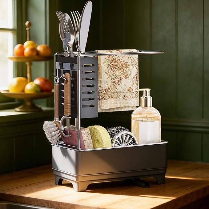 MOUKABAL Sponge Holder for Kitchen Sink, 2-Tier Sink Caddy Organizer with Drain Holes and Hooks, Holds Dishcloth, Sponge & Brushes, Kitchen Countertop Storage for New Home Essentials Grey by MOUKABALGREATHELPER