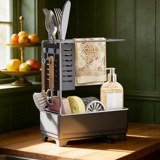 MOUKABAL Sponge Holder for Kitchen Sink, 2-Tier Sink Caddy Organizer with Drain Holes and Hooks, Holds Dishcloth, Sponge & Brushes, Kitchen Countertop Storage for New Home Essentials Grey by MOUKABALGREATHELPER