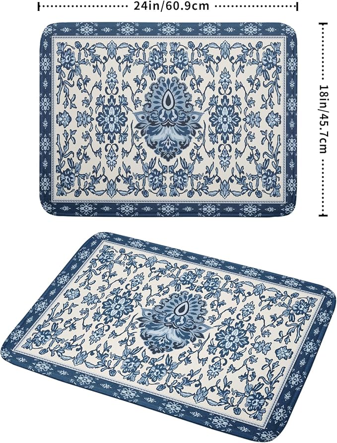 Boho Floral Blue Dish Drying Mat for Kitchen Counter 18x24 Vintage Chinoiserie Flower Print Absorbent Reversible Microfiber Drying Mats Kitchen Countertop Protector Dishes Drainer Rack Pad - Image 2
