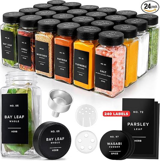 EDELHAUS Glass Spice Jars with Labels (24 x 4oz) Spice Containers with 240 Labels, Shaker Inserts, Funnel, Empty Square Empty Square Seasoning Organizer (Black Lids) by EDELHAUS