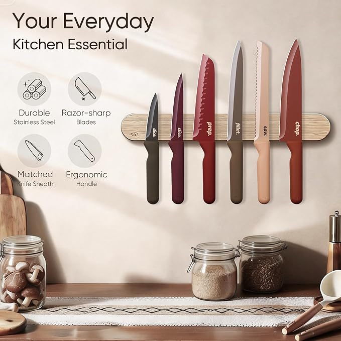 CAROTE Knife Set, 13 Pcs Kitchen Knife Set with Letter, 6 Stainless Steel Knives with Nonstick Ceramic Surface & Blade Guards, Kitchen Shears, Dishwasher Safe, Ergonomic Handles - Image 9