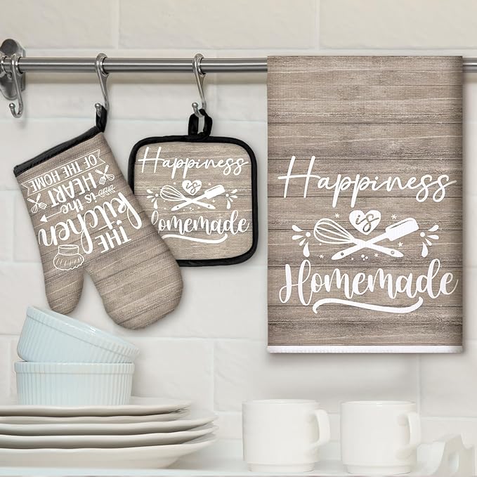 Sratte 6 Pcs Kitchen Decor Accessories Set Farmhouse Towels Pot Holders Oven Mitts Set 2 Dish Towels 2 Potholders 2 Cooking Mittens Oven Glove for Christmas Baking Cooking(Brown Wood Grain) - Image 2