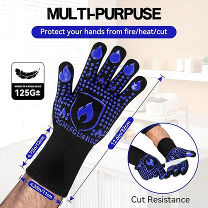 BBQ & Grill Gloves, Oven Gloves, 1472°F Silicone Oven Mitts Heat Resistant Grilling Gloves Fireproof Non-Slip for Barbecue Cooking Baking Smoking, 1-Pair (Blue, Medium)