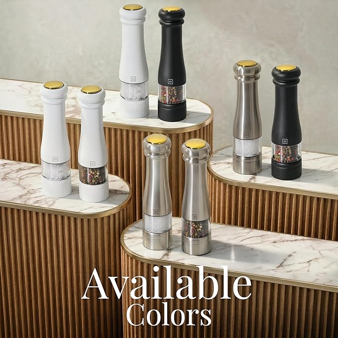 Electric Salt and Pepper Grinder Set - Styled Settings White Electric Salt and Pepper Shakers, Automatic Stainless Steel Set with LED Light, Battery Operated, Adjustable Coarseness, Wood Base