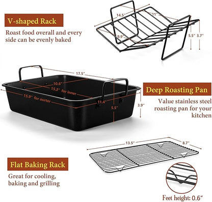 E-far Roasting Pan with Racks, Large Stainless Steel Turkey Roaster with V-Shaped & Cooling Rack for Oven, 16 Inch Nonstick Deep Broiler Pan with Handles for Baking Chicken Lasagna Meat, Heavy Duty