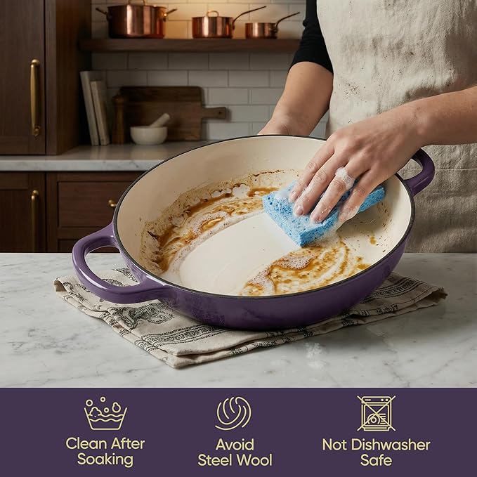 Vintage Style 3 Quart Enameled Cast Iron Braiser, Non Stick Enameled Cast Iron Skillet with Lid, Dutch Oven Skillet with lid up to 500°F for Oven, Stove, Grill, Shallow Dutch Oven for Cook, Bake (Purple) - Image 6