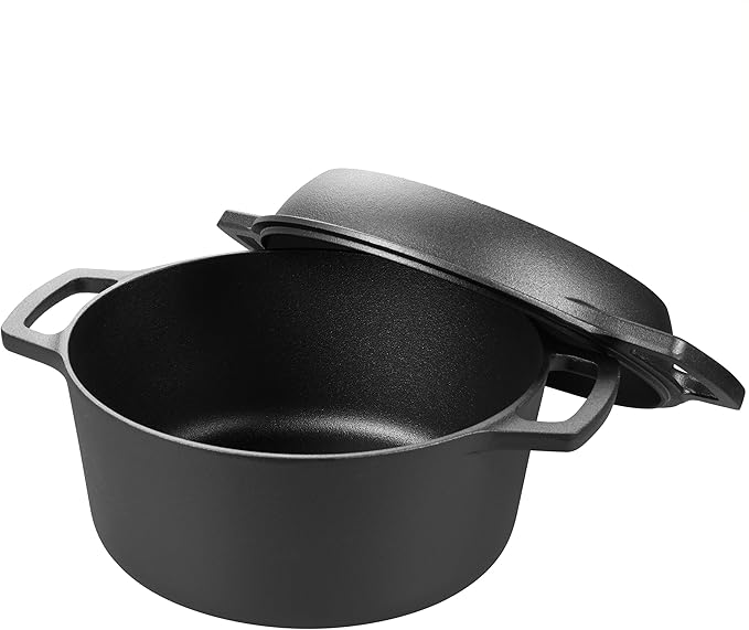 VORRINGARD Pre-seasoned Cast Iron Double Dutch Oven Pot with Skillet Lid, Dual-handle, for Bread Baking, Outdoor, Campfire Cooking, 5 Quart - Image 5