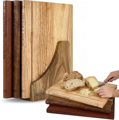 NEDVI Book Cutting Board Set with Wooden Stand-Wooden Kitchen Cutting Boards That Look Like Books for Cheese Meat Vegetables, Chopping Board Gift Set for Home Cooks & Kitchen Decor