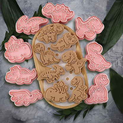 Dinosaur Cookie Cutters With Plunger Stampers Set,8 Piece 3D Dinosaur Embossing Cutters For Biscuit Fondant Cheese Baking