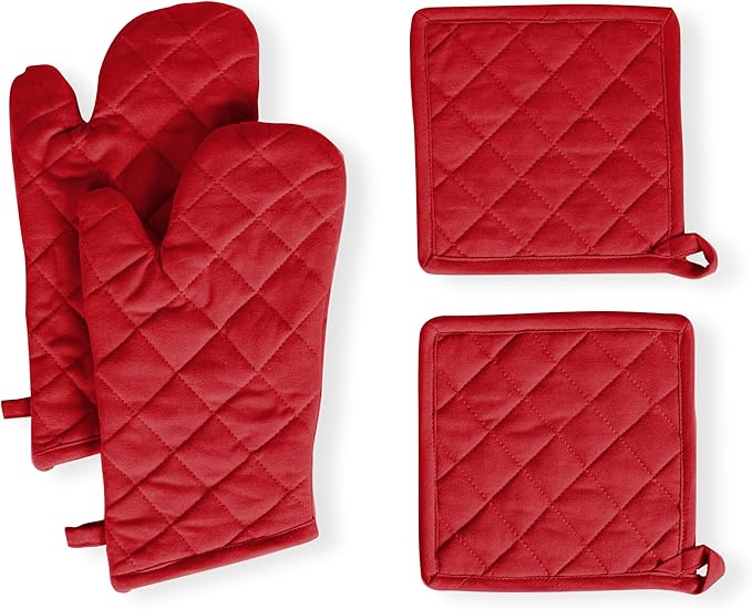 Native Fab Pot Holders and Oven Mitts Sets for Kitchen Heat Resistant - Hanging Non-Slip - 100% Cotton Kitchen Oven Mitts and Pot Holders 4-Piece Set - Red by NativeFab