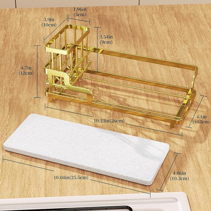 Consumest Sponge Holder for Kitchen Sink - Sink Caddy Organizer with Water Absorbing Stone Tray, Detachable Brush Holder, Stainless Steel Kitchen Counter Organizer Rack, Gold - Image 5